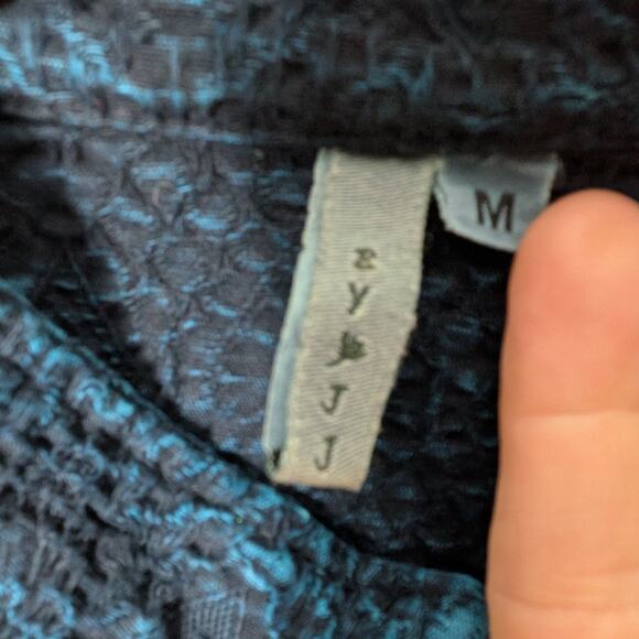 Vintage Lagenlook Topper Jacket M Blue Artsy Textured Mandarin Wooden Toggle - Picture 10 of 11